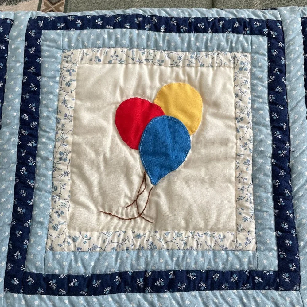 Vintage Handmade Patchwork Baby Children Blanket Crib Quilt Cat Balloon Rain